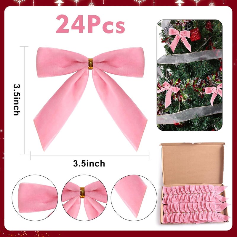 Utehilly 24 Pcs Pink Small Velvet Christmas Bows for Christmas Tree, Wreath, Gift Wrapping, Crafts, Wedding, Party, Twist Tie Bows for Treat Bag Bakery Candy Bags, Home Decor 1" W,3.5 x 3.5 inch - Image 2